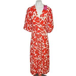 Anthropologie RHODE Ina Puff Sleeve V-Neck Printed Midi Dress, Red, White, 0,NWT